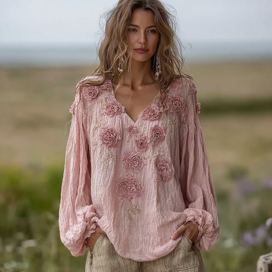 Bohemian Retro Countryside Style Plant Flower Design Cotton And Linen Women's Long-sleeve Shirt