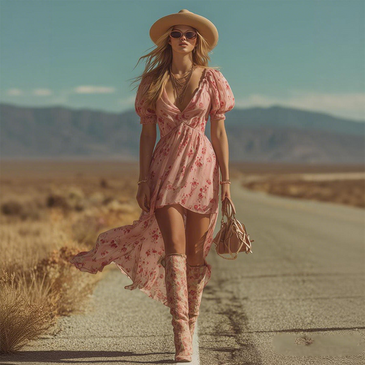 Floral Print Chiffon Summer Dress With Puff Sleeves And V-Neckline For Women