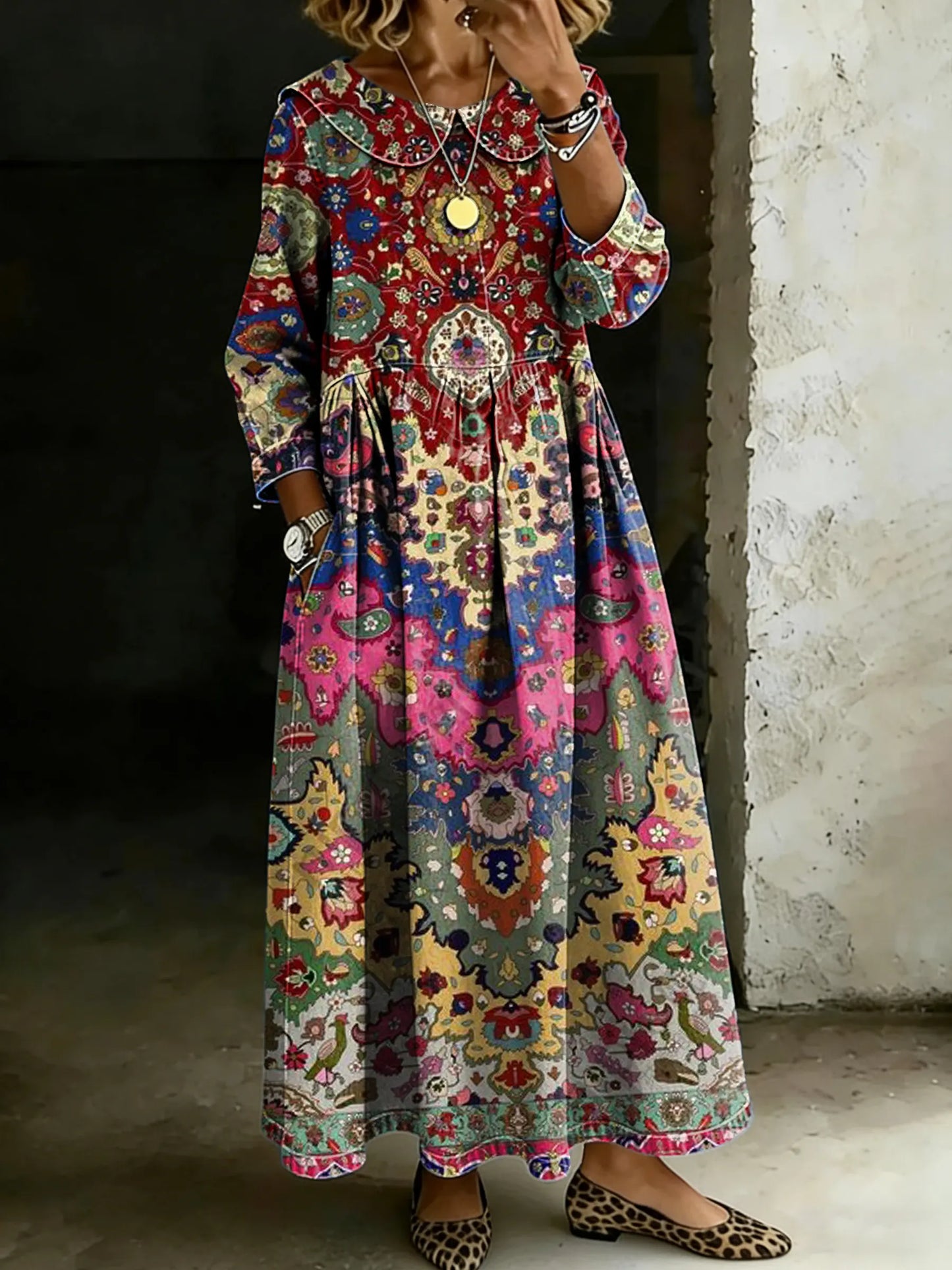 Women's Retro Multicolor Ethnic Floral Art Splicing Long-sleeved Loose-fitting Casual Denim Dress