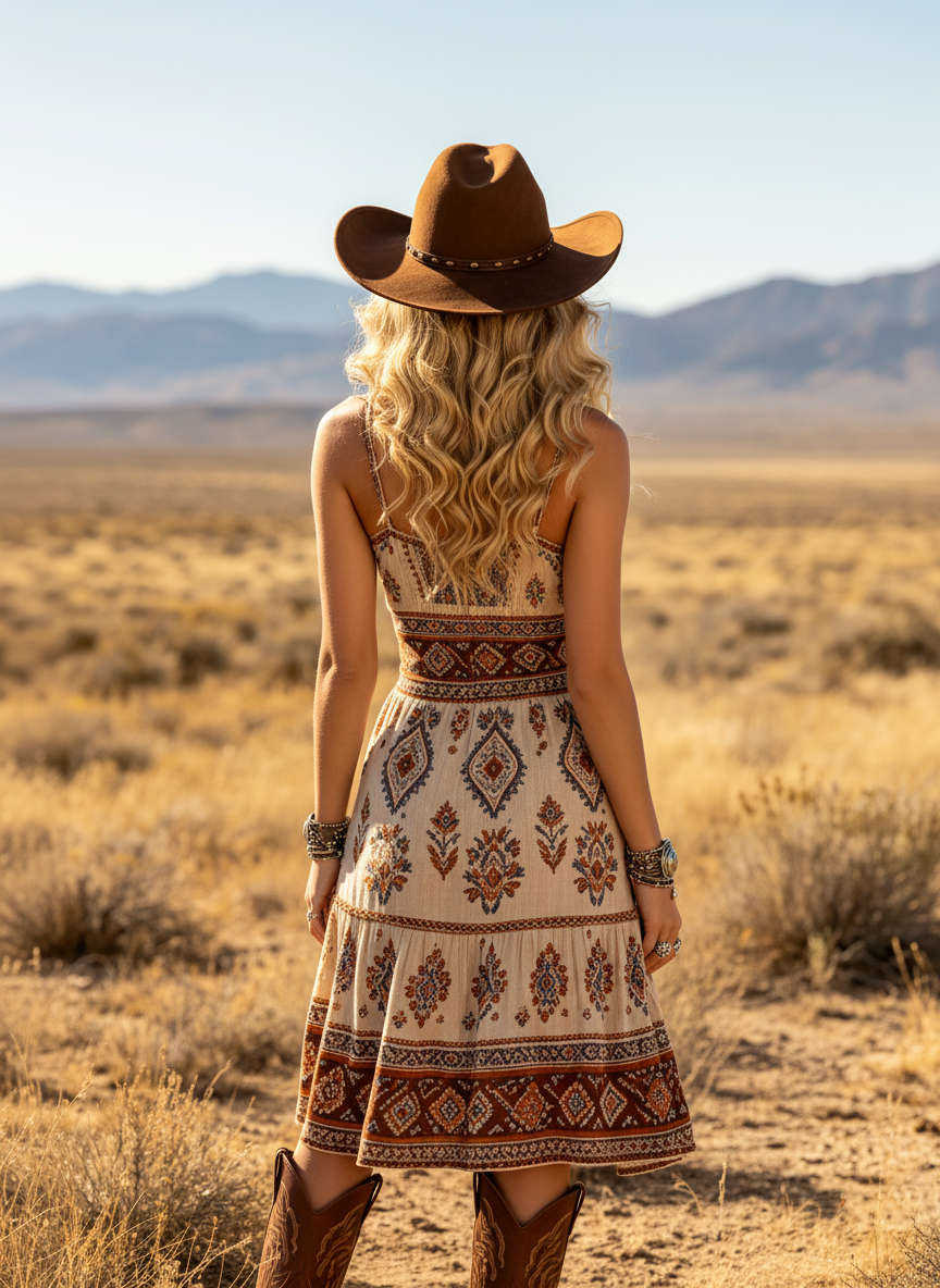 Women's Western Cowboy Cotton Bohemian Print Midi Dress