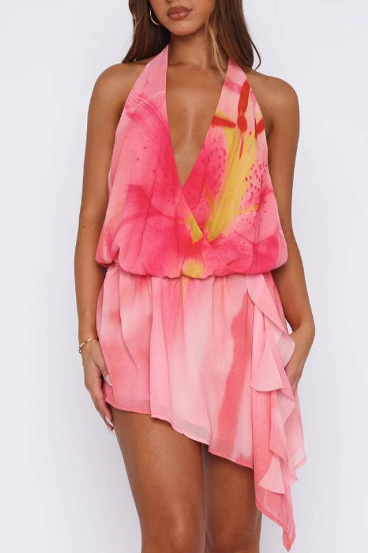 Halter-neck Deep V Irregular Ruffle Romper