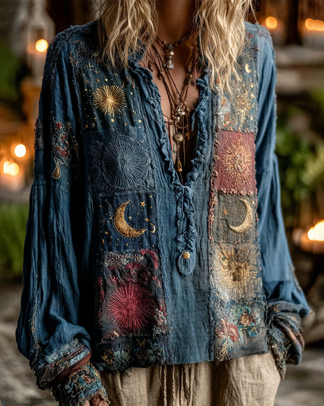 Women's Summer Vacation Star and Moon Theme Embroidered Patchwork Linen Shirt 8dc4