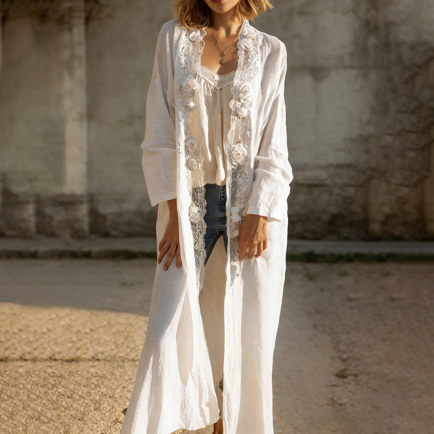 Women's Vintage Bohemian Floral Lace Art Casual Linen Blend Long Cardigan
