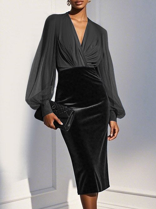 Navy Blue Mesh Split Joint Balloon Sleeve Sheath Midi Velvet Dress