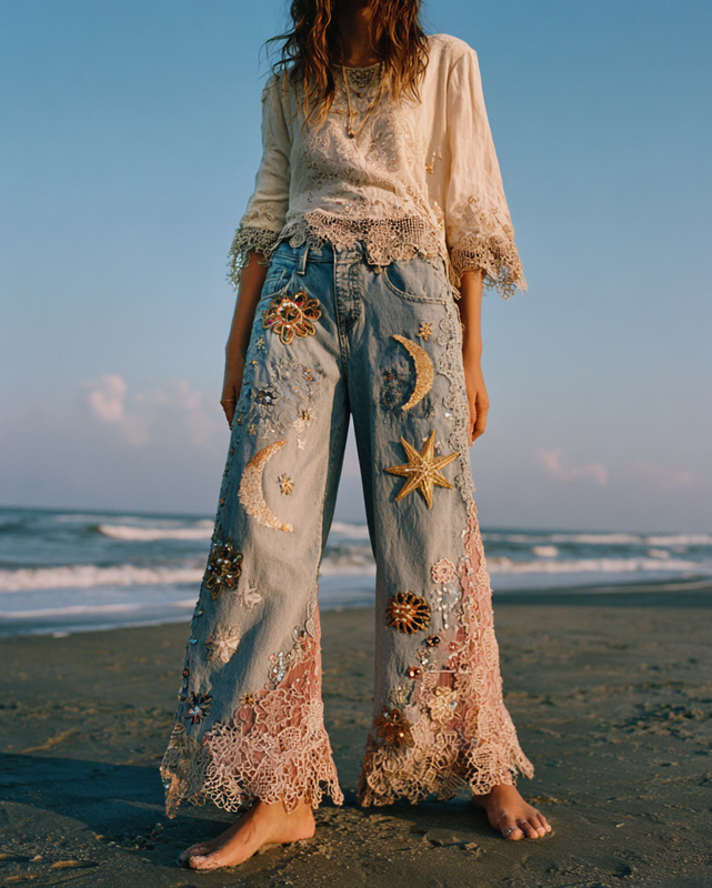 Summer Vacation Lace Floral Star and Moon Embroidery Linen Pants and Top Two-Piece Set 0eff