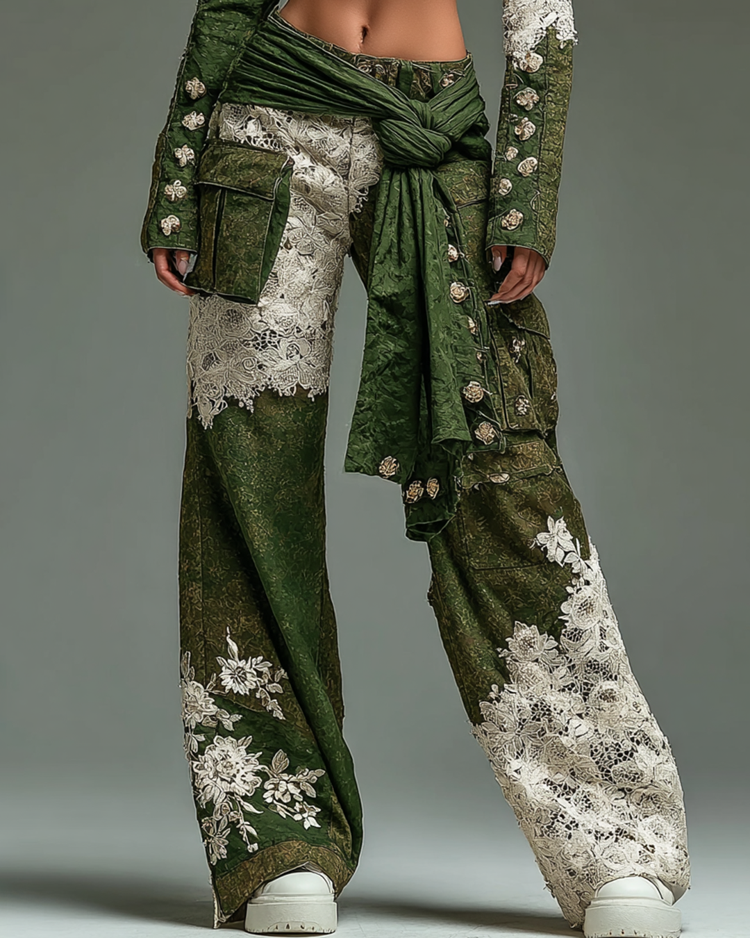 Women's Spring Floral Embroidered Lace Patchwork Design Trousers 2644