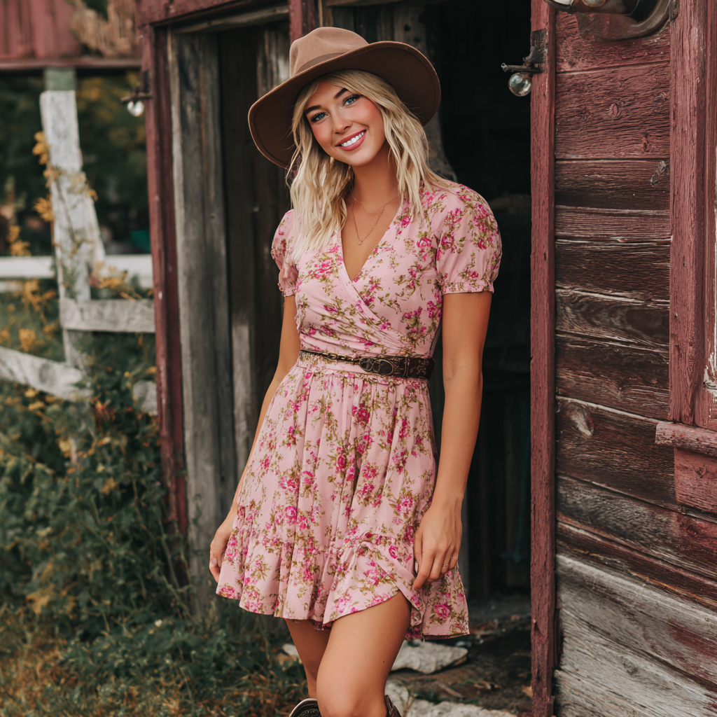 Floral Print Chiffon Wrap Dress With Belted Waist And Short Sleeve