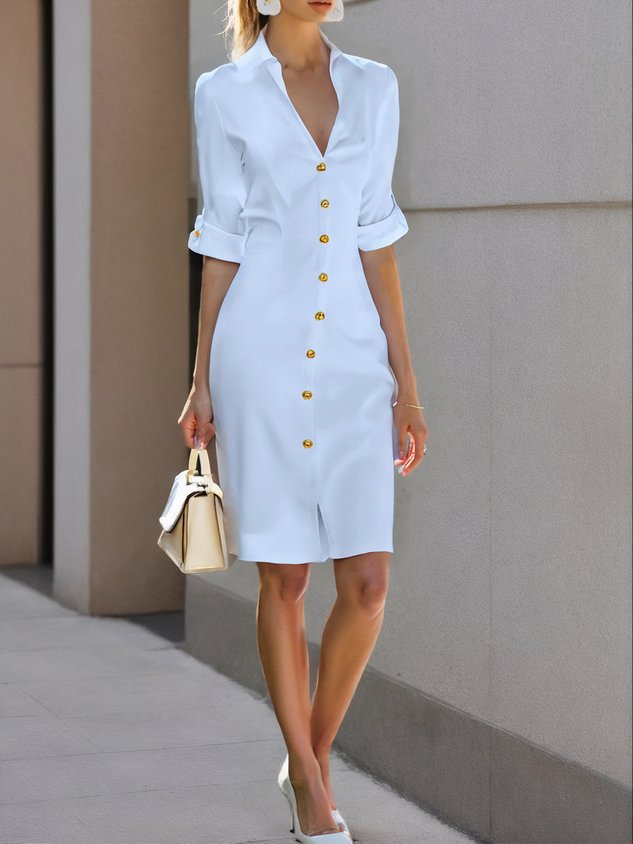 White Buckle Cotton Shirt Collar Short Sleeve Sheath Midi Dress