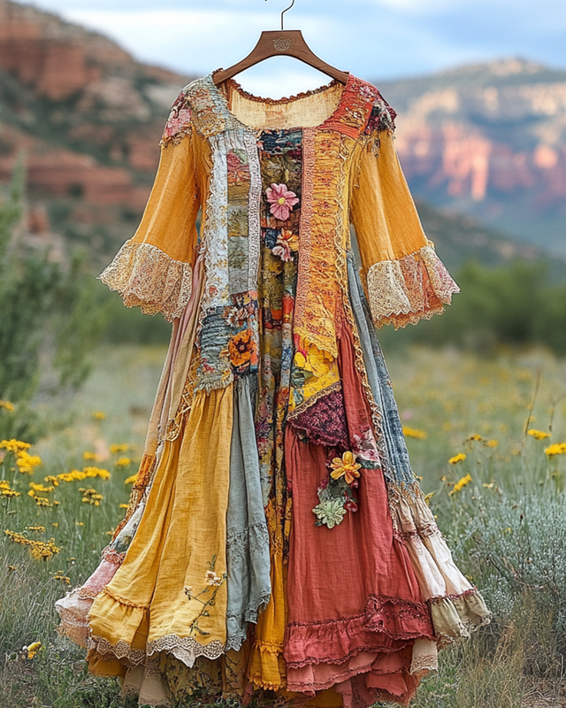Summer Vintage Floral Lace Patchwork Dress fa59
