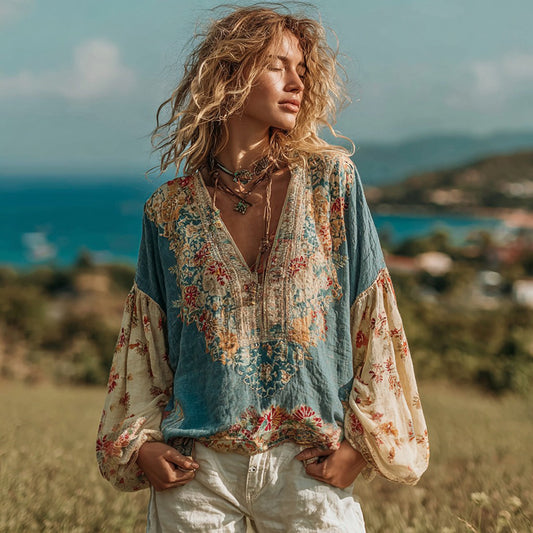 Women's Retro Ethnic Floral Pattern Linen V-neck Shirt