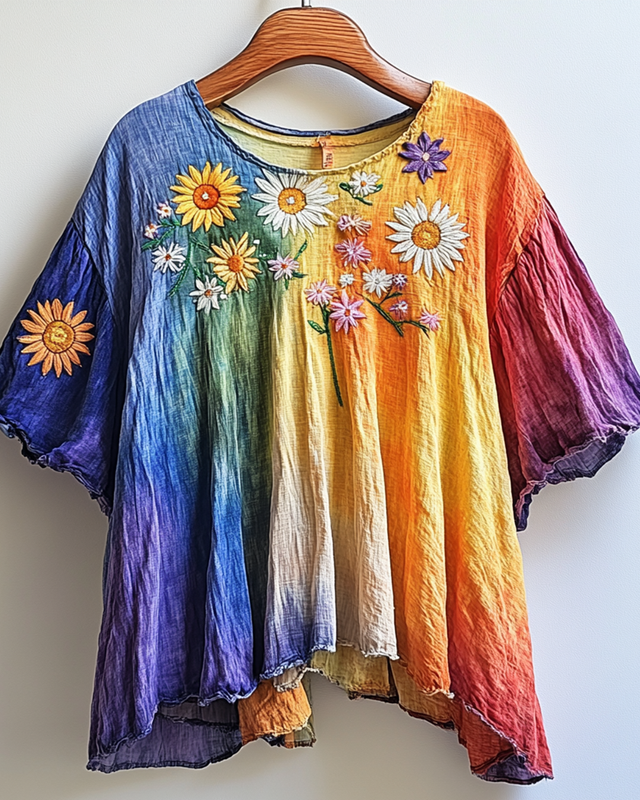 Summer Rainbow Gradient Daisy Embroidered T-shirt 5acd