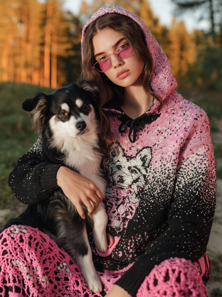 Women's Vintage Dog Embroidered Hooded Sweater