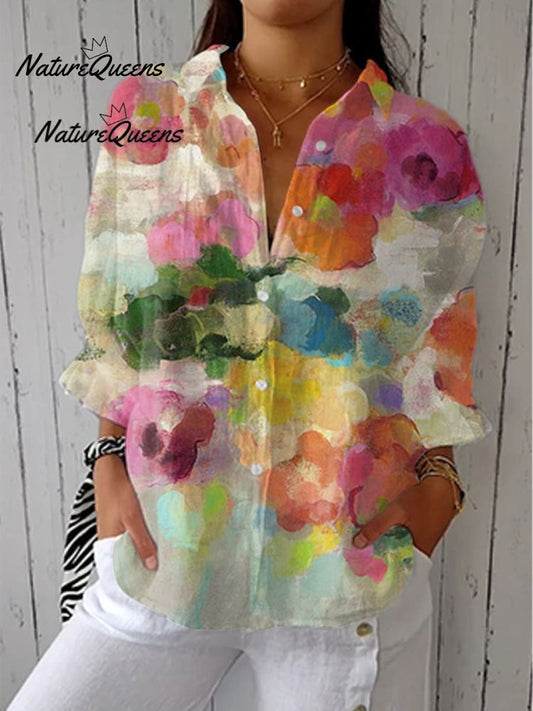 Women's Floral Art Print Casual Cotton And Linen 3/4 Sleeve Shirt