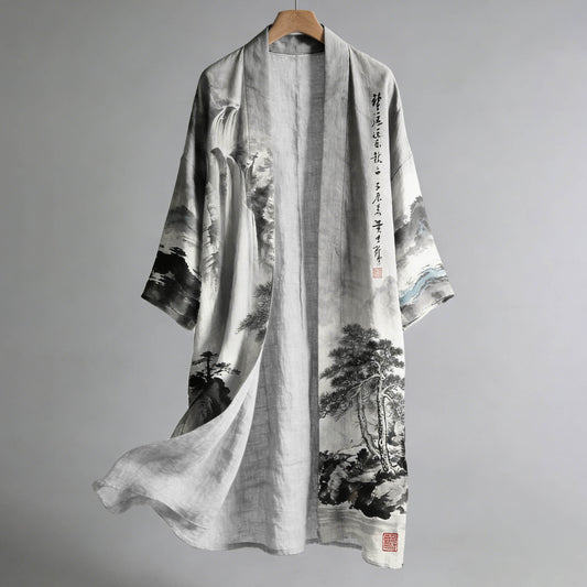 Men's Retro Landscape Painting Art Linen Long Kimono