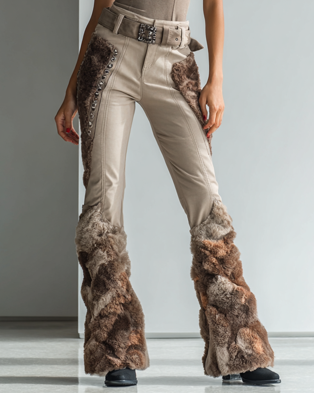 Women's Spring Viking-Inspired Embroidered Faux Fur Patchwork Design Trousers 7905