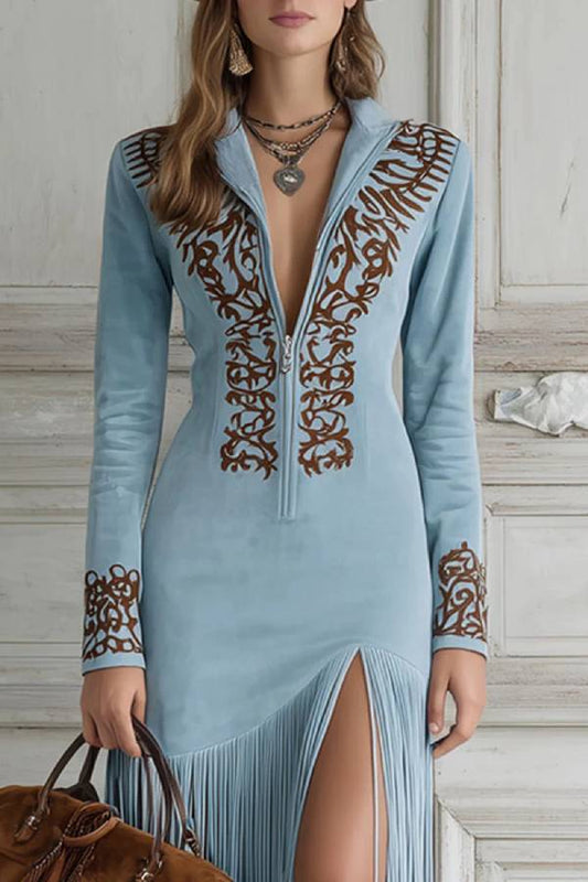 Western Half-Zip Embroidered Faux Suede Fringe Maxi Dress