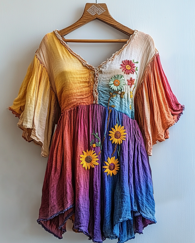 Summer Rainbow Gradient Daisy Embroidered T-shirt c7c1