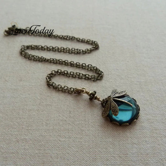 Vintage Dragonfly Green Crystal Boho Jewelry Necklace