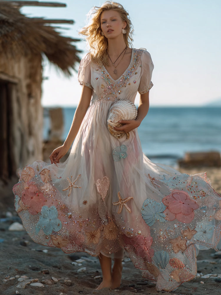 Boh¨¨me Marine Biological Art Pink V-neck Dress
