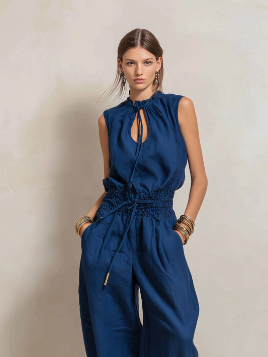 Women's Elegant Dark Blue Cotton-Linen Sleeveless Jumpsuit With Round Neck MDZ2068C2AN