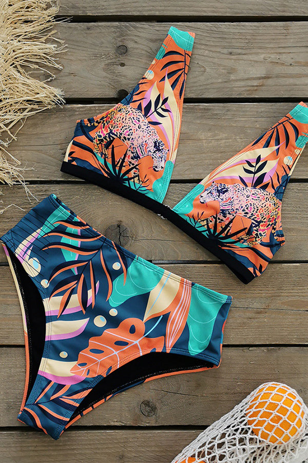 High Waist Swimsuit Women Split Deep V Halter Two-piece Suit