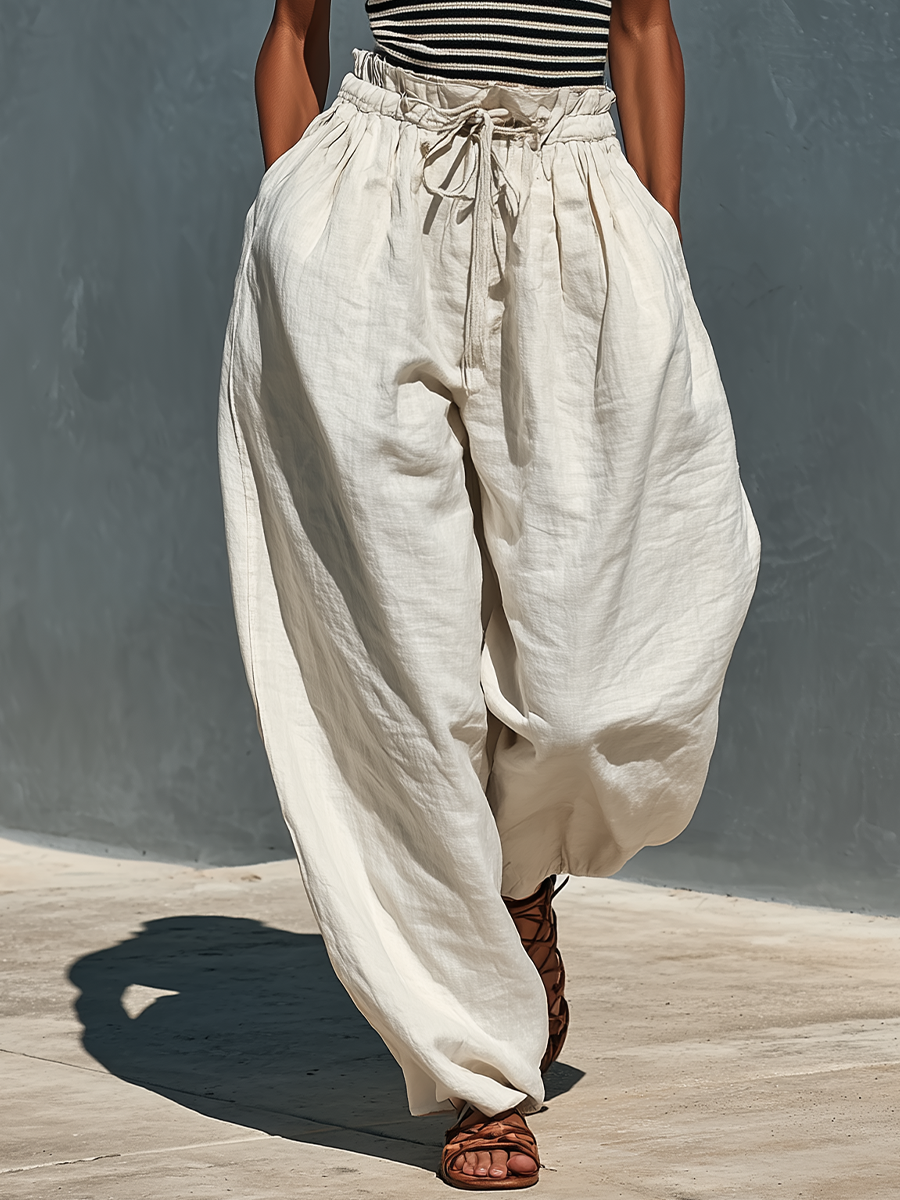 Women’s Black & White Striped Ribbed Knit Halter Top & Beige Linen Drawstring Wide-Leg Pants Two-Piece Set With Pockets MDZ2206D5T