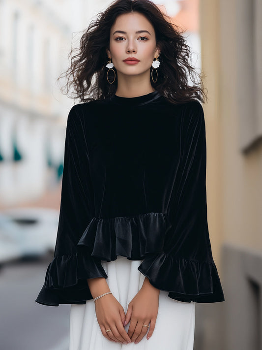 Round Neck Velvet Ruffle-Trim Blouse