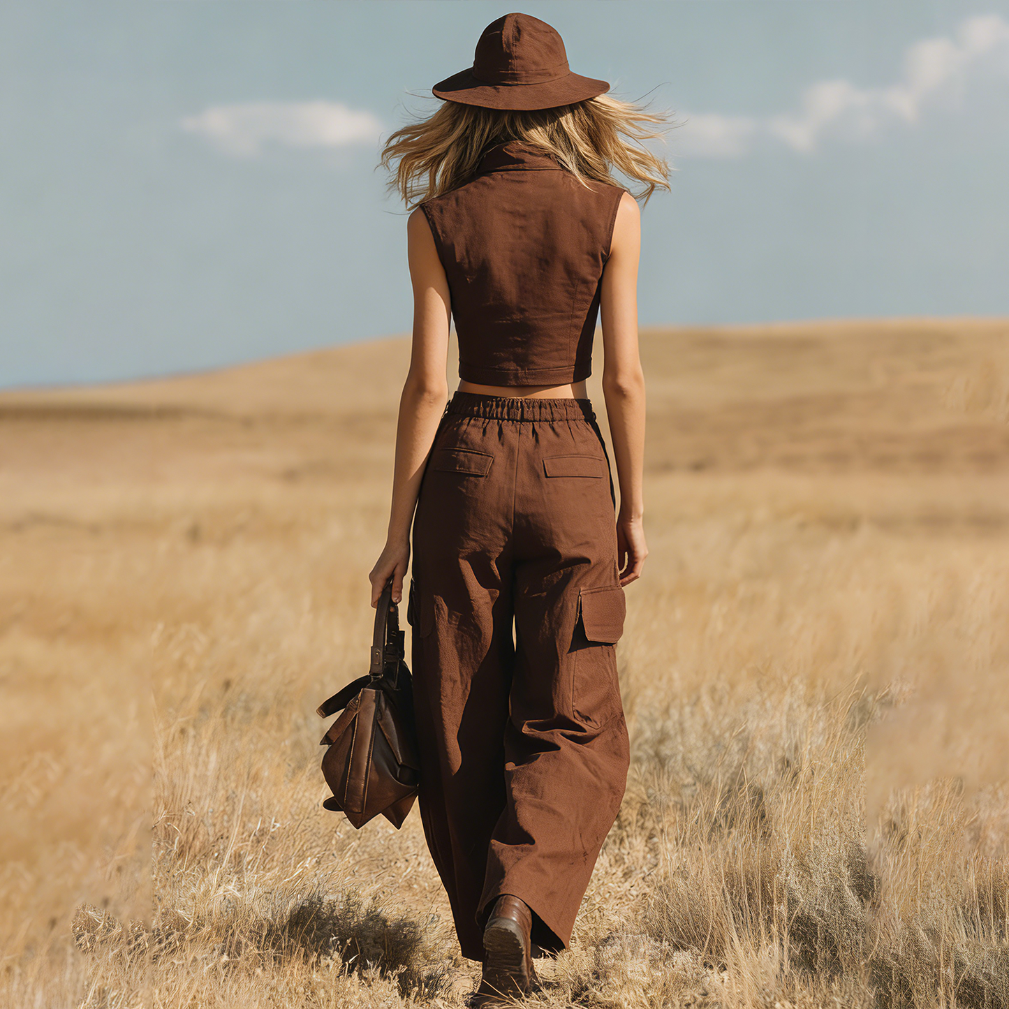 Western Bohemian-style Lapel-collared Sleeveless Zip-up Top And Pocketed Trousers Ensemble