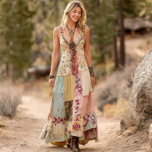 Women's Retro Floral Stitching Suspender Long Dress