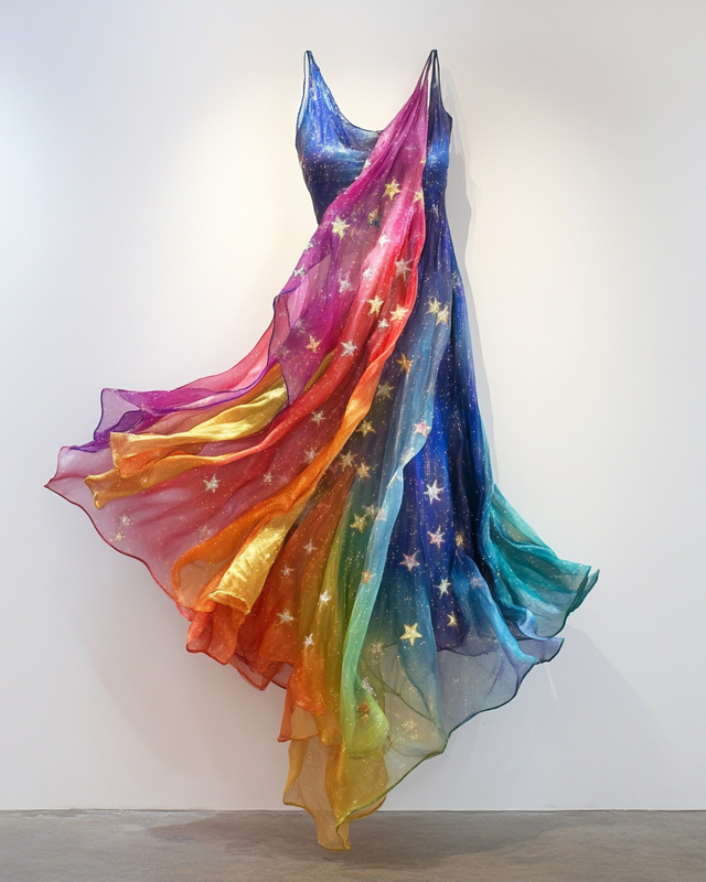 Handmade color block gradient rainbow stars irregular maxi dress 707d