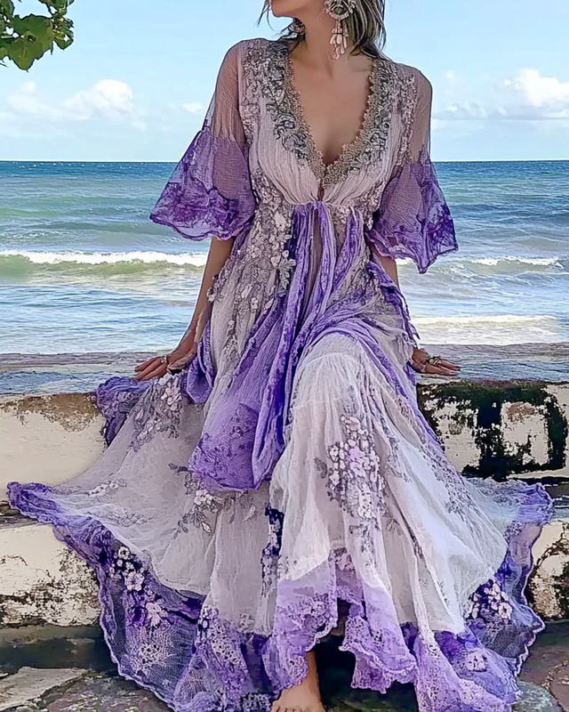 Summer Floral Embroidered Lace Patchwork Gradient Ruffle Dress b703
