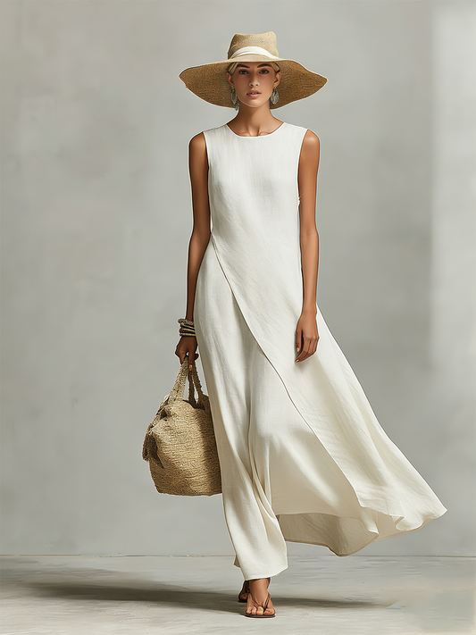 Women's Ivory Breathable Linen Dress With Sleeveless Detail & Asymmetric Hem, Contemporary Casual-Feminine Style Dress MDZ0408C2I