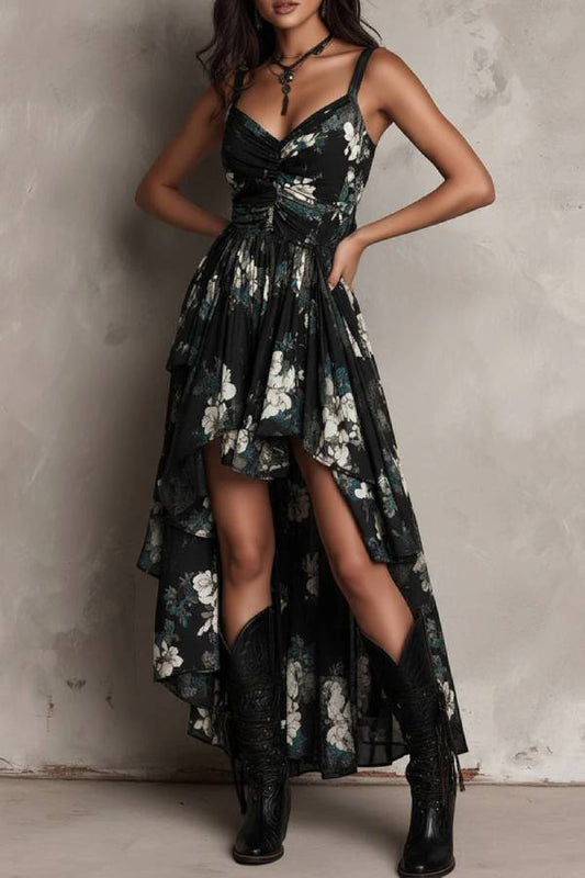 Black Bohemian Floral Print Irregular Strapless Maxi Dress