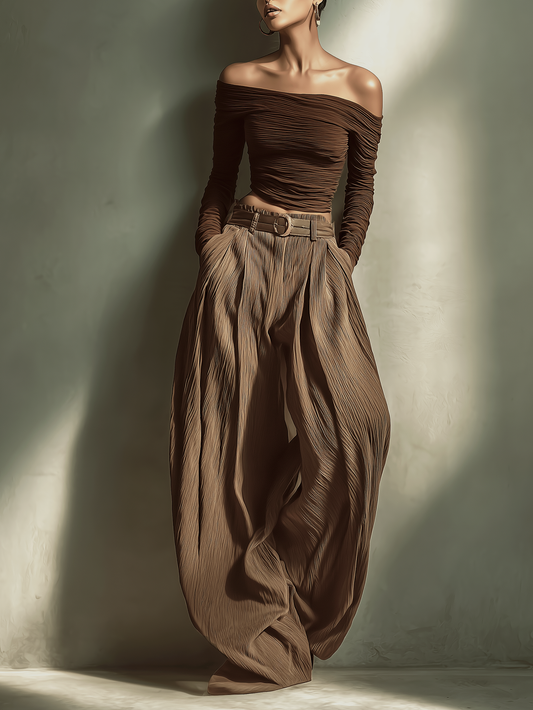 Women's Fashionable And Sexy Dark Brown Off-the-shoulder Long-sleeved Fitted Top MDA2980K0AN
