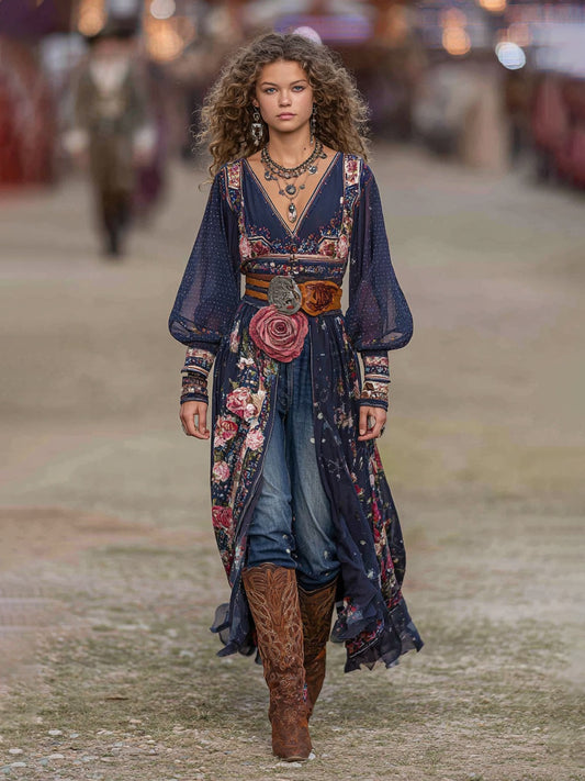 Bohemian Floral Print Chiffon Long Dress With V-Neck And Puff Sleeves For Women
