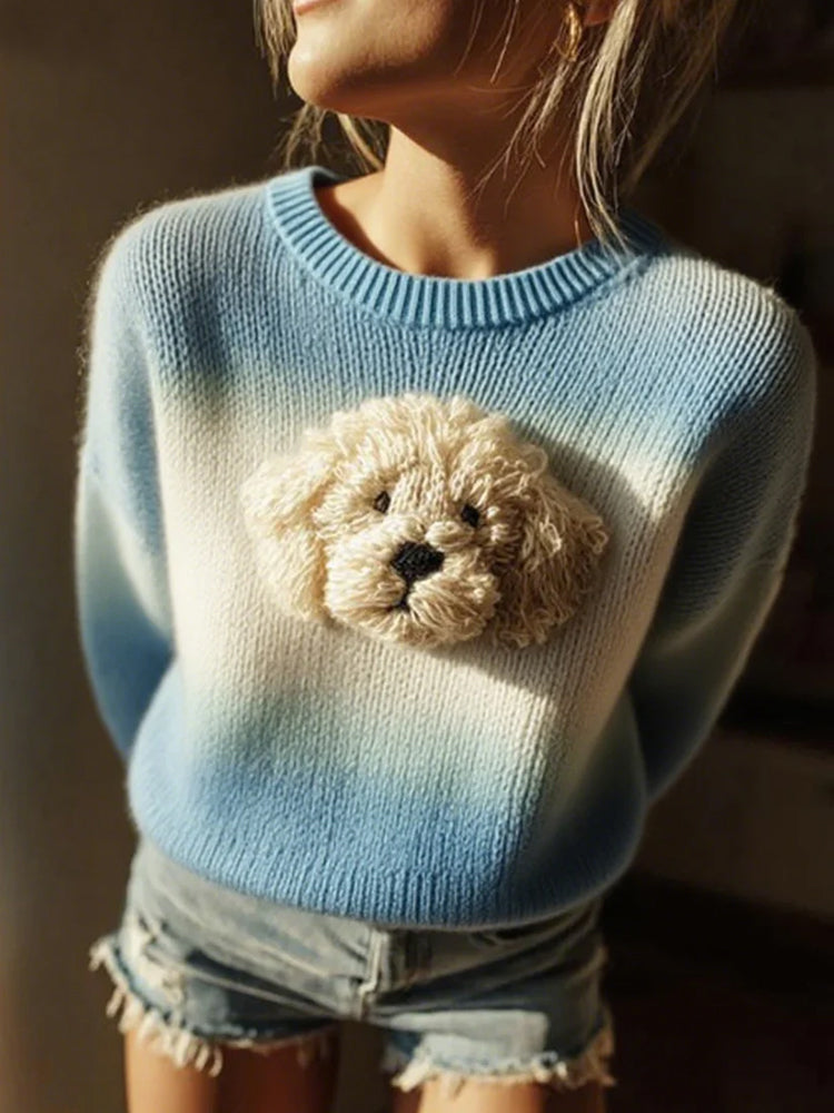 Vintage Labrador Felt In Gradient Art Inspired Embroidered Cozy Knit Sweater