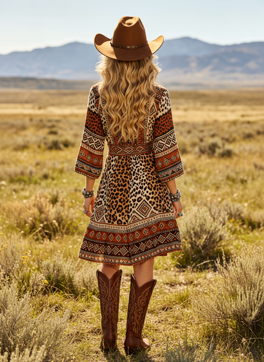 Women's Western Cowboy Boho Leopard Print Cotton Blend Midi Dress With Tribal Pattern And V-Neck Design