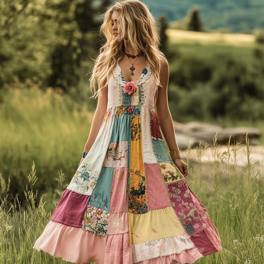 Women's Vintage Bohemian Floral Comfortable V Neck Dress f176