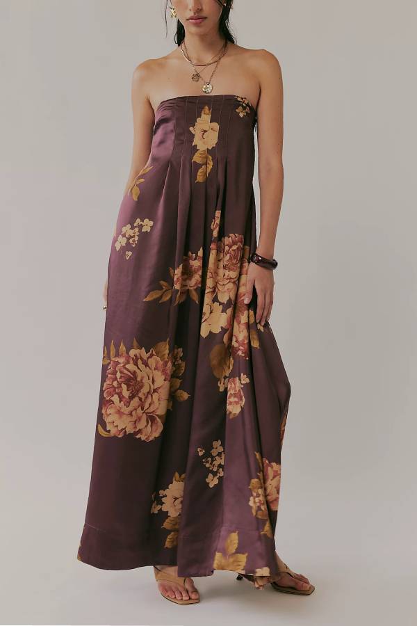 Multi-Color Floral Print Strapless/Spaghetti Strap Draped Maxi Dress