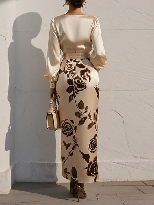 Apricot Floral V Neck Long Puff Sleeve Satin Sheath Maxi Satin Dress