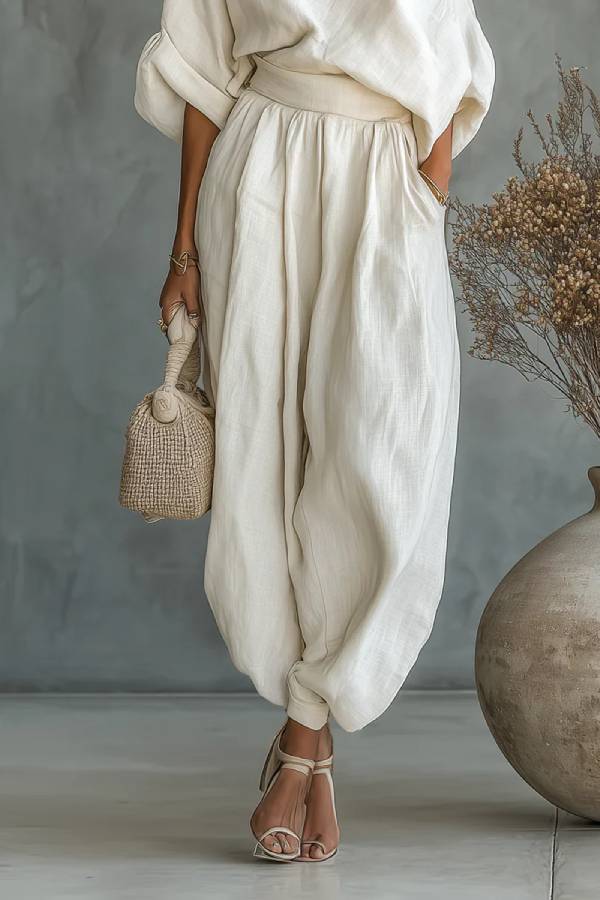 Off-white Linen Off-shoulder Loose Casual Top And Tapered Pants Set