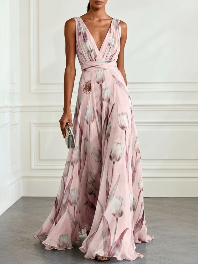 Light Blue Floral Chiffon V Neck Sleeveless A-Line Floor-length Gown Dress