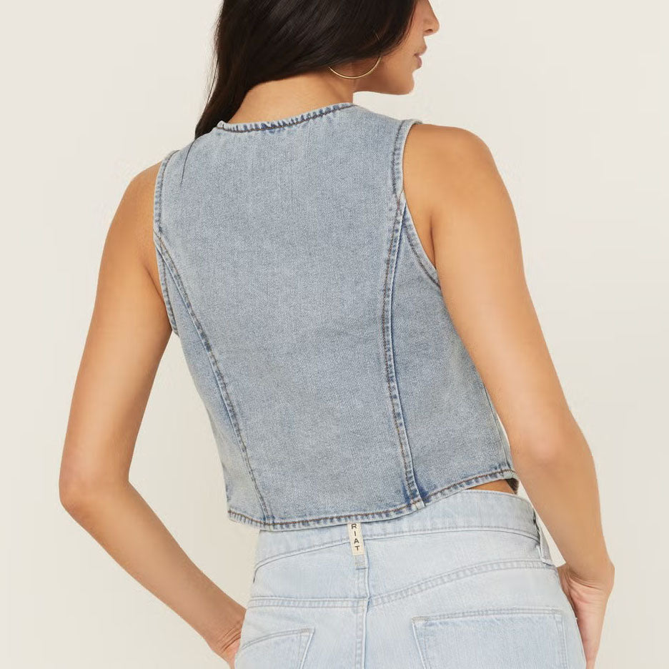 Denim Lace-Up Cropped Vest Top With Deep V-Neck