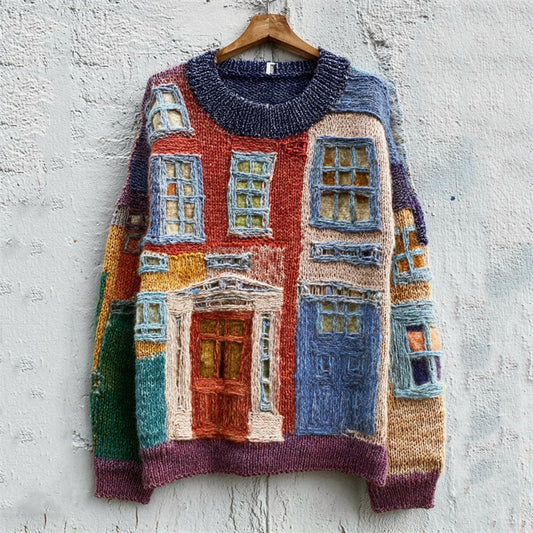 Vintage Street Building Inspired Contrast Color Cozy Knit Sweater
