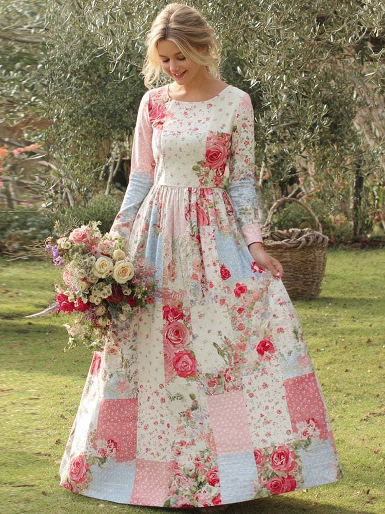 Vintage Floral Art Women's Linen Long Sleeve Maxi Dress