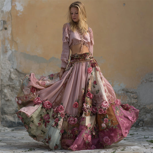 Pink Roses Embroidered Boho Floral Patchwork Flowy Wide Skirt