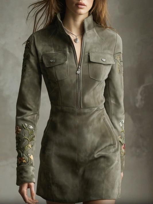 Green Embroidered Faux Suede Half-zip Mini Dress