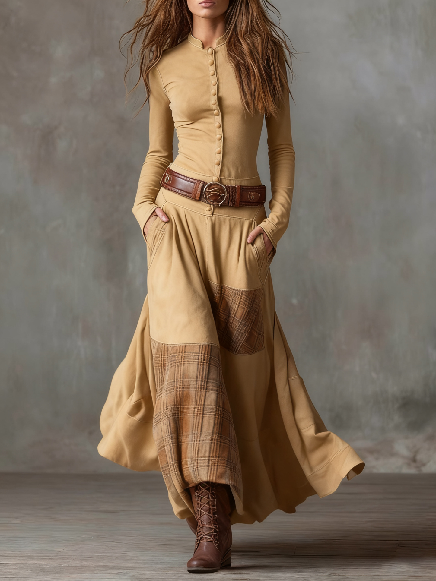 Navy Plaid Paneled Vintage Suede Maxi Dress
