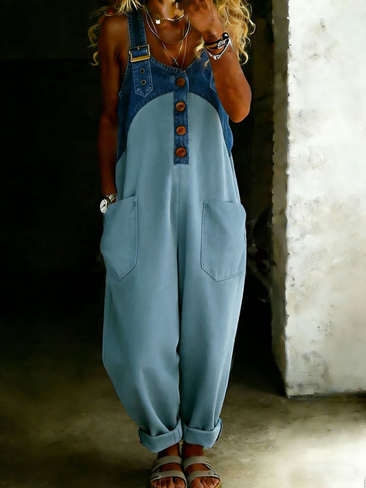 Women’s Casual One Piece Denim Denim Patchwork Jumpsuit