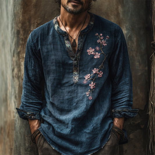 Japanese Plum Flower Embroidery Men's Linen Long Sleeve Shirt